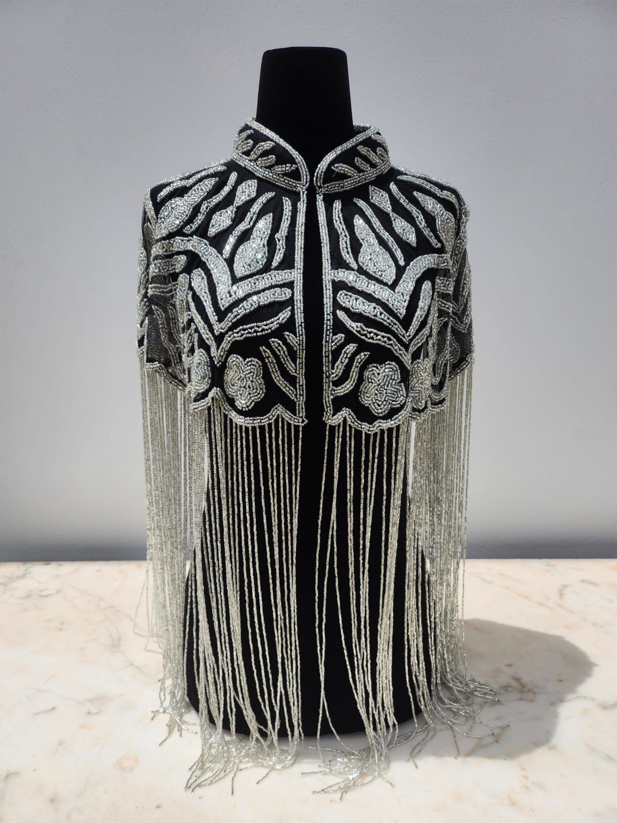 Black and Silver Geometric Fringe Cape