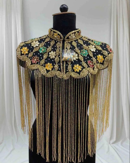 Jewel Tone Gold Fringe Cape