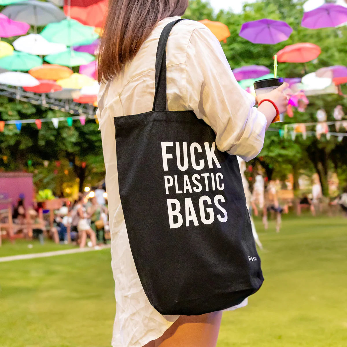 Black 'Fuck Plastic Bags' Tote Bag