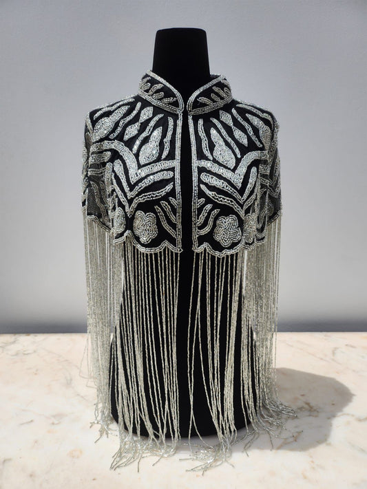 Black and Silver Geometric Fringe Cape